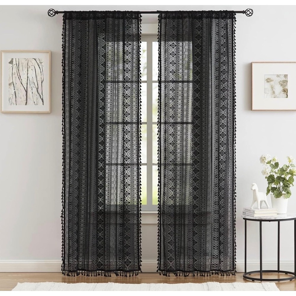Boho Sheer Lace Window Curtains Tassel 40x90 Black Geometric New 2 Panels